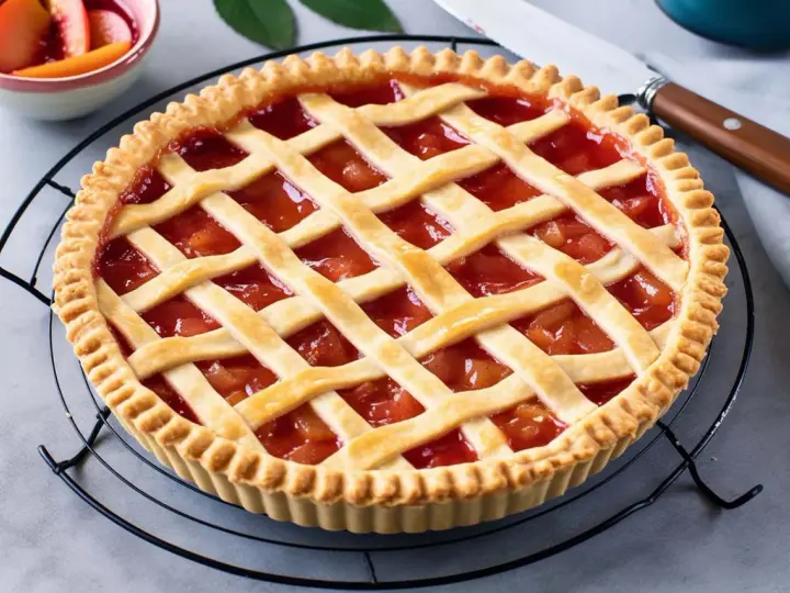 Crostata con ripieno di frutta e una griglia di pasta frolla, perfetta dimostrazione di come mettere le strisce sulla crostata.