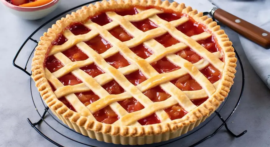 Crostata con ripieno di frutta e una griglia di pasta frolla, perfetta dimostrazione di come mettere le strisce sulla crostata.