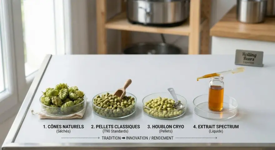 Dalla coppa di luppolo fresco ai pellet, fino all'estratto liquido: un percorso di trasformazione per esaltare il gusto.