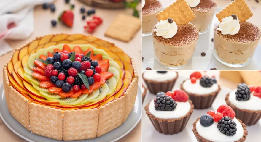 Torta di frutta colorata e mini tartellette con frutti di bosco: perfetti dolci veloci senza uova e senza cottura per ogni occasione.