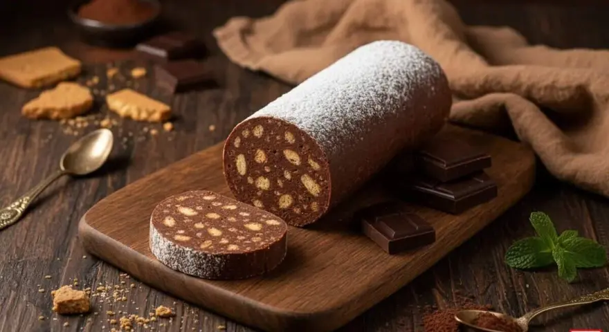 Salame di cioccolato con uova pastorizzate, cosparso di zucchero a velo, su tagliere di legno, con biscotti e cioccolato fondente.