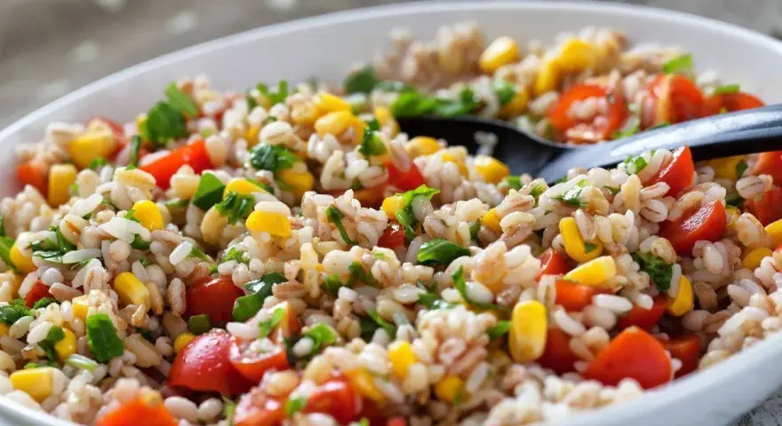Insalata di farro colorata con pomodorini, mais e prezzemolo fresco. Un piatto leggero e gustoso.
