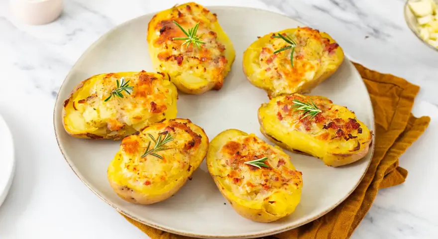 Patate ripiene al forno, dorate e gratinate, guarnite con rosmarino fresco. Un piatto invitante e saporito.
