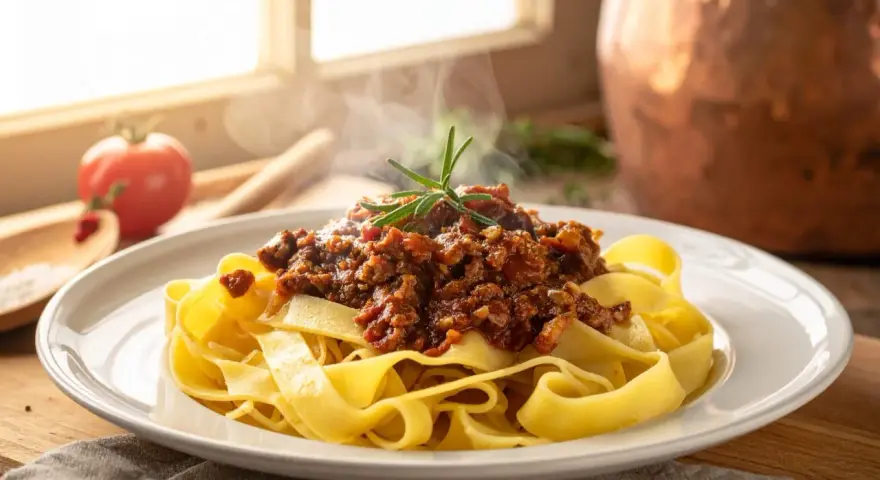 Pappardelle al cinghiale fumanti, un piatto ricco e saporito, con un rametto di rosmarino a guarnire.