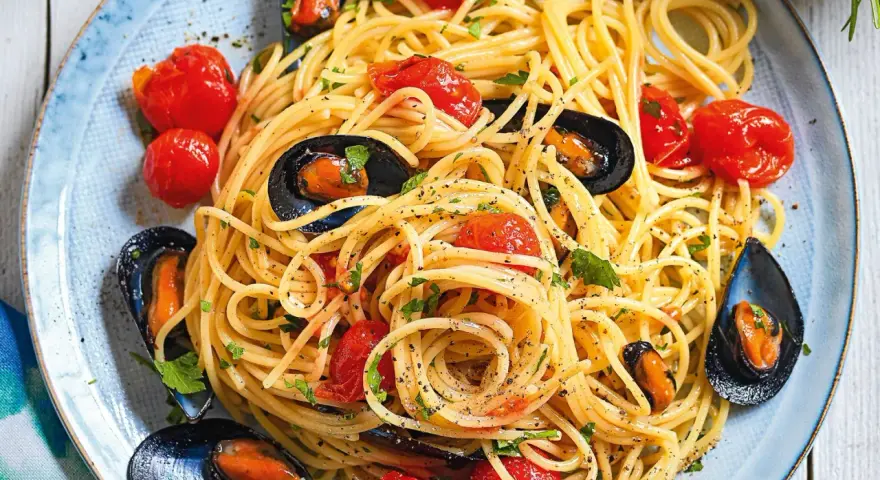 Un piatto invitante di spaghetti con le cozze e pomodorini, condito con prezzemolo fresco e pepe nero.