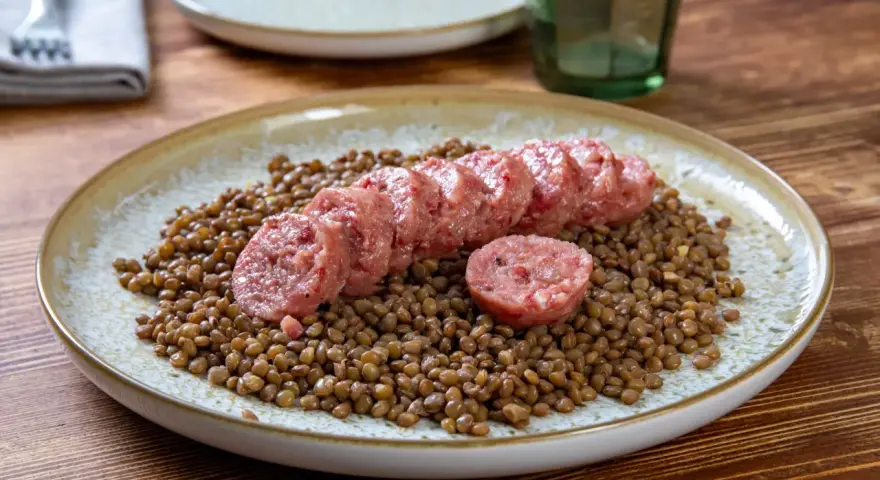 Piatto di lenticchie con fette di cotechino fatto in casa, un classico confortante.