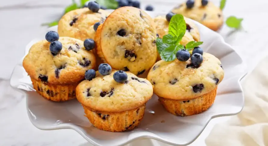Muffin ai mirtilli appena sfornati, decorati con mirtilli freschi e menta. Una deliziosa ricetta per iniziare la giornata.