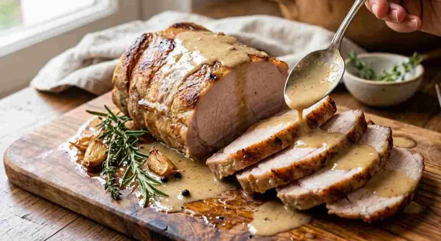 Arista al latte succulenta, affettata e irrorata con salsa cremosa su tagliere rustico, con aglio arrosto e rosmarino.