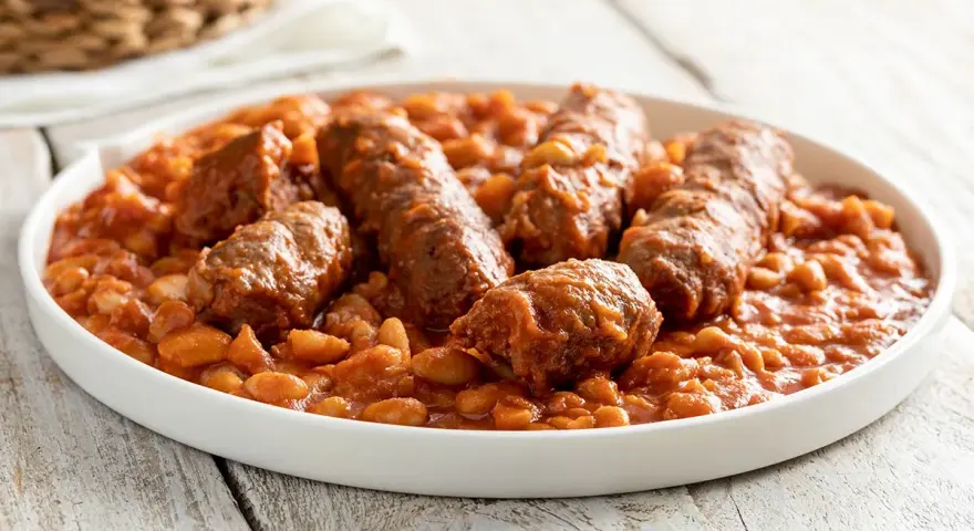 Piatto di salsiccia e fagioli in umido, un classico confort food.