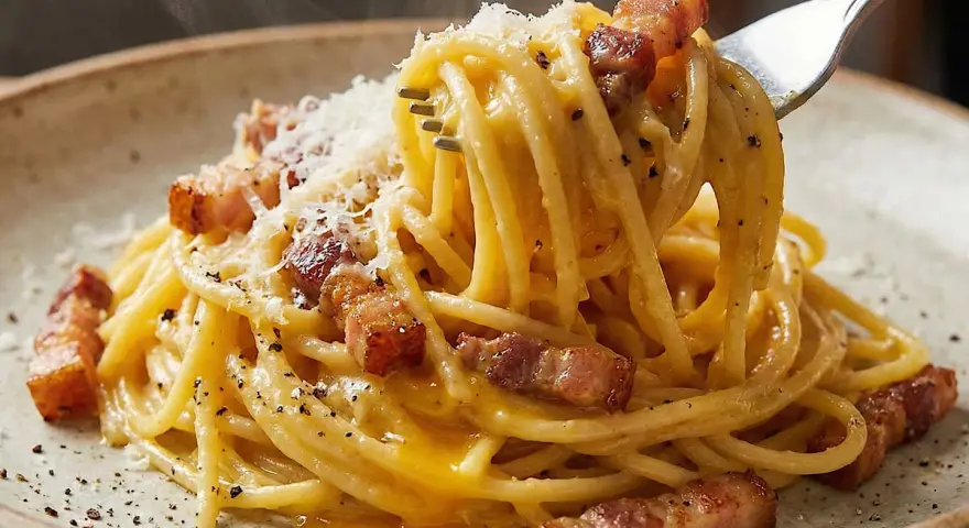 Spaghetti alla carbonara, con guanciale croccante, pecorino e pepe nero. Gli ingredienti carbonara perfetti per un piatto iconico.