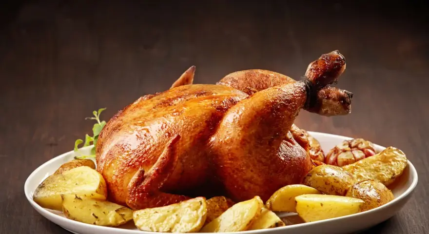 Un succulento pollo allo spiedo dorato, servito con patate arrosto e aglio su un piatto bianco.