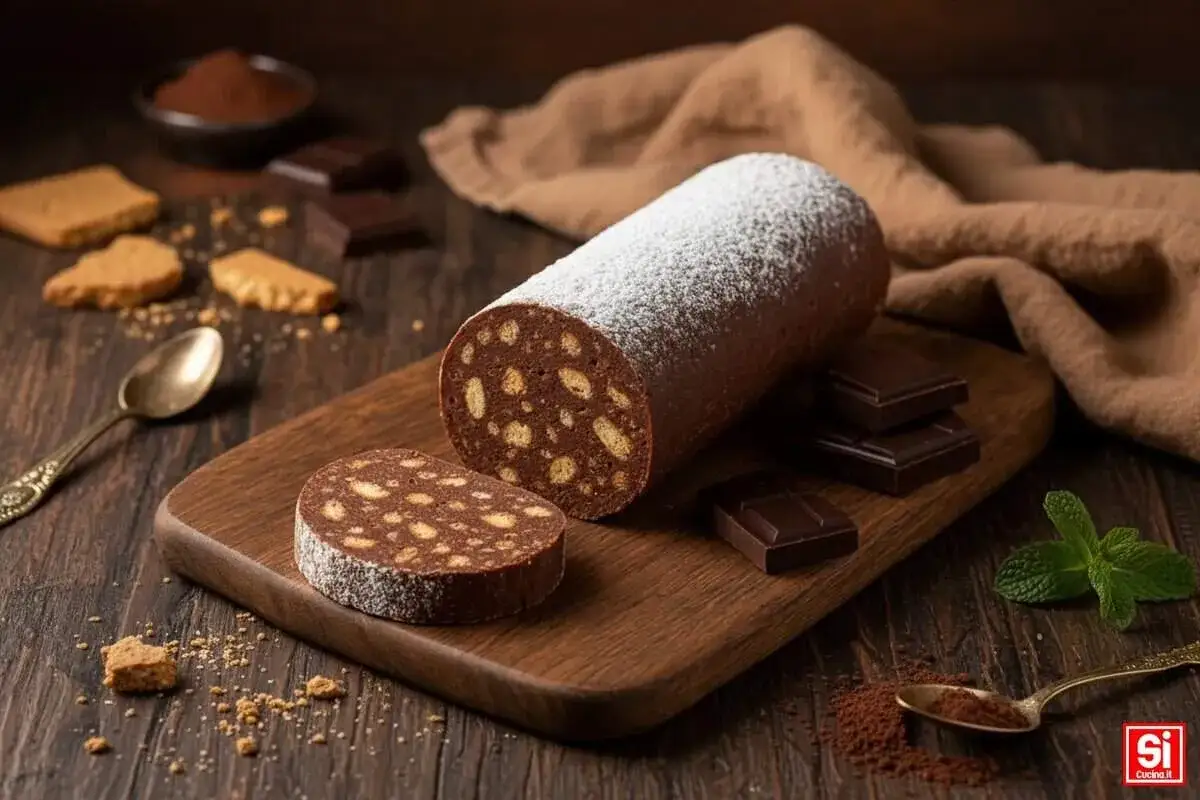Salame di cioccolato con uova pastorizzate, cosparso di zucchero a velo, su tagliere di legno con biscotti e cioccolato.