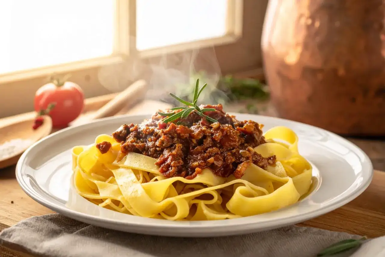 Pappardelle al cinghiale fumanti, un piatto ricco e saporito, con un rametto di rosmarino a guarnire.
