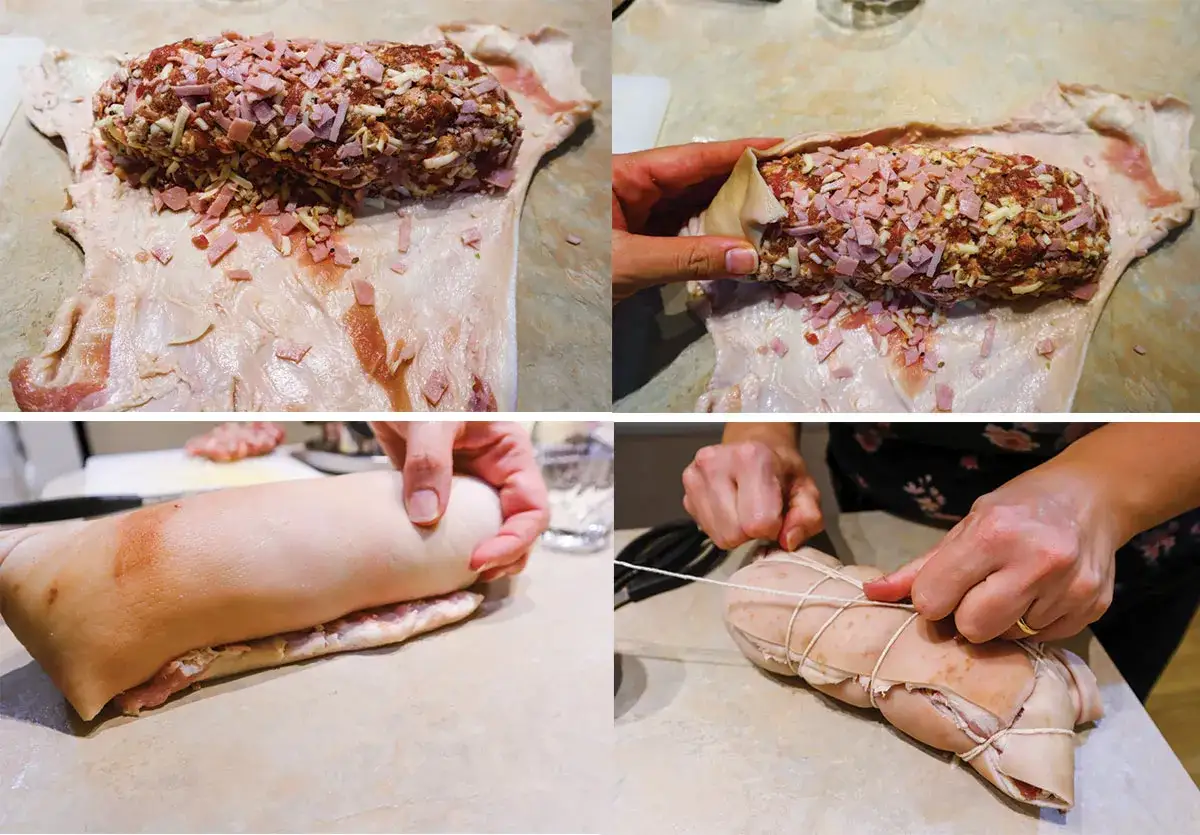 Preparazione di uno zampone fresco al forno: carne macinata e pancetta avvolte nella cotenna, pronte per essere legate e cotte.