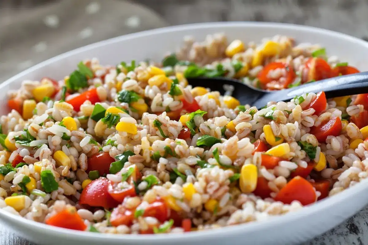 Insalata di farro colorata con pomodorini, mais e prezzemolo fresco, servita in una ciotola bianca con un cucchiaio nero.