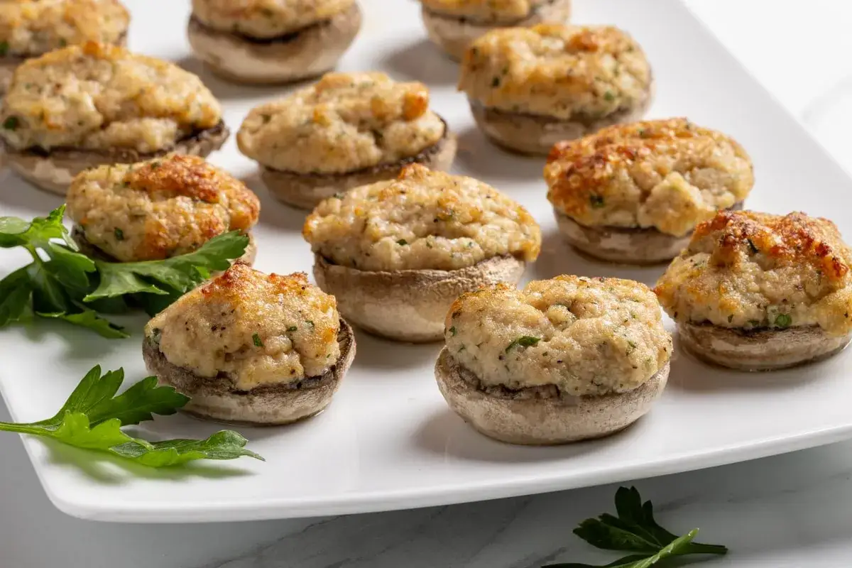 Deliziosi funghi ripieni al forno, dorati e invitanti, guarniti con prezzemolo fresco.