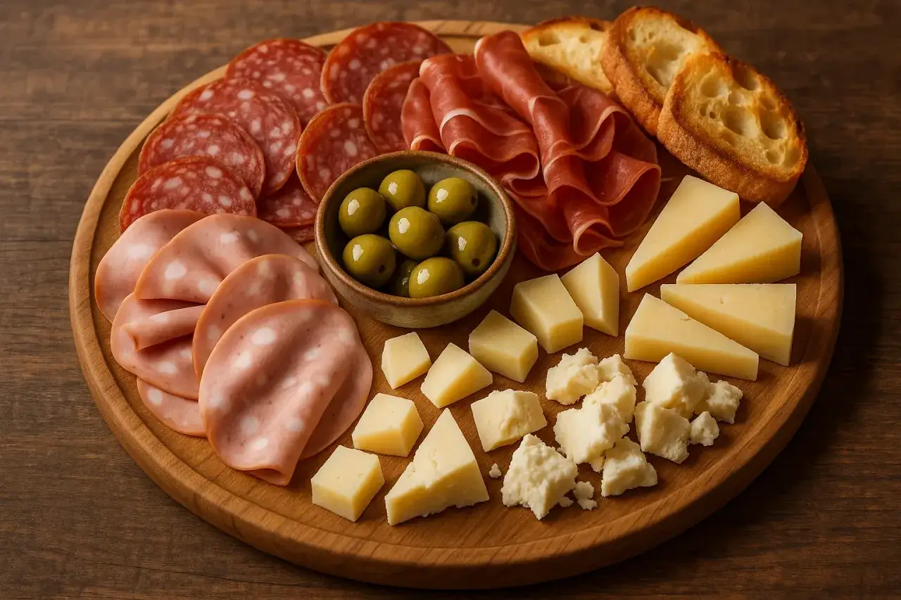 Tagliere con salumi misti, formaggi, olive e crostini. Tra gli affettati non di maiale, spiccano mortadella e prosciutto crudo.