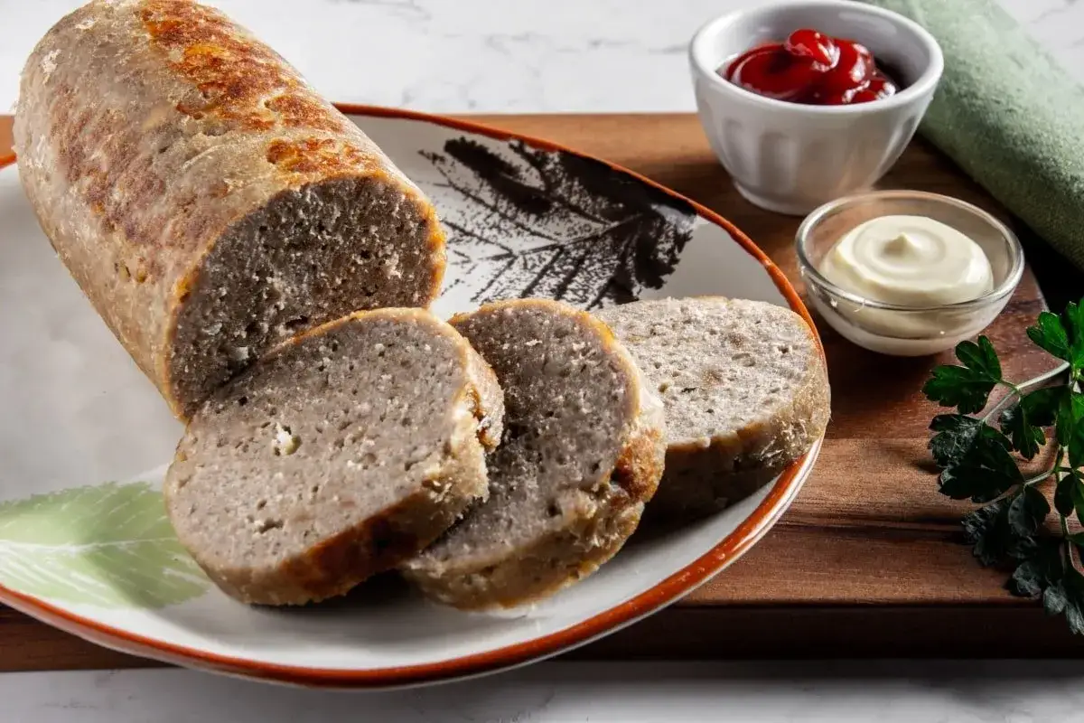 Un saporito polpettone al forno, affettato e servito con salse, pronto per essere gustato.