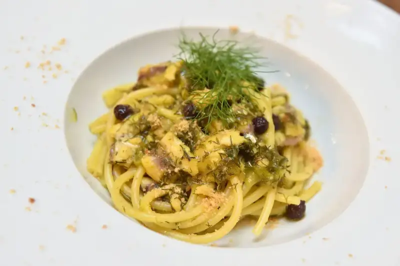 Un piatto invitante di pasta con finocchi, olive e acciughe, guarnito con erbe fresche e pangrattato.